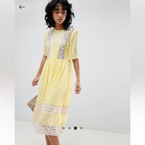 Asos Design embroidered & lace midi dress. Yellow.